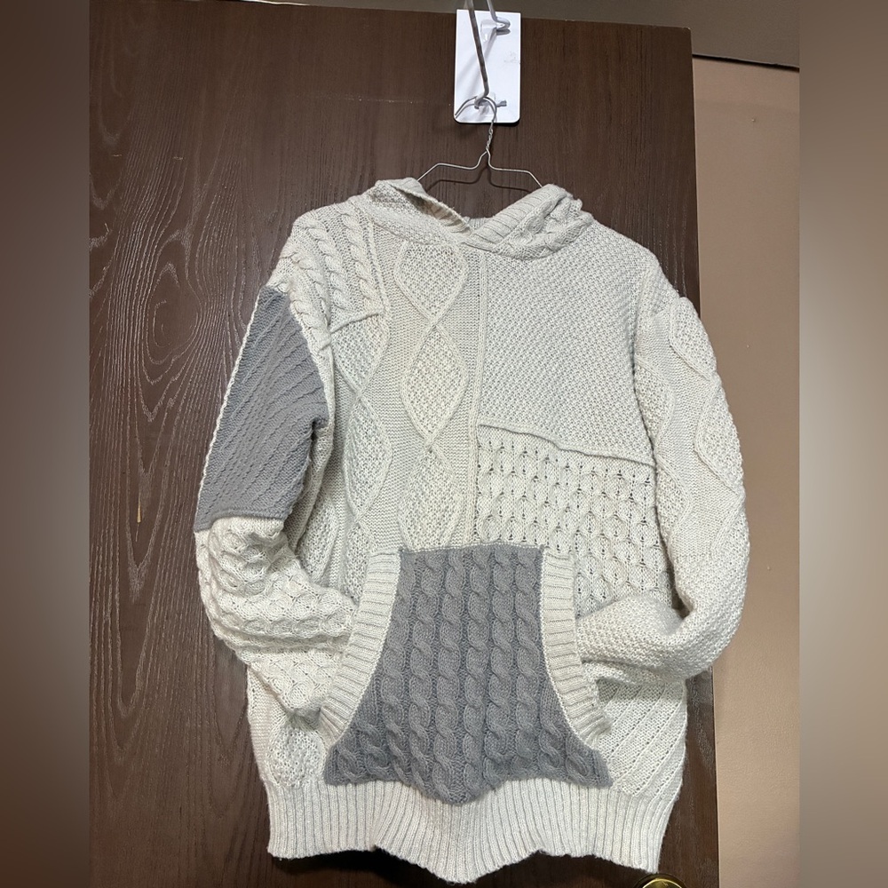 Cozy Two-Tone Cable Knit Sweater hooded pullover sweater "Sew Love". medium